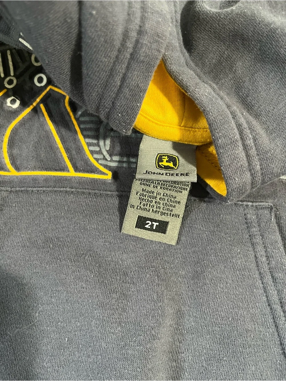 John Deere Dark Blue Hoodie with Yellow Hood Lining and Excavator Patch Size 2T